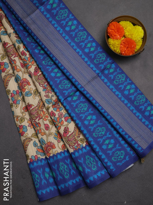 Semi tussar saree beige and navy blue with allover kalamkari prints and patola printed border