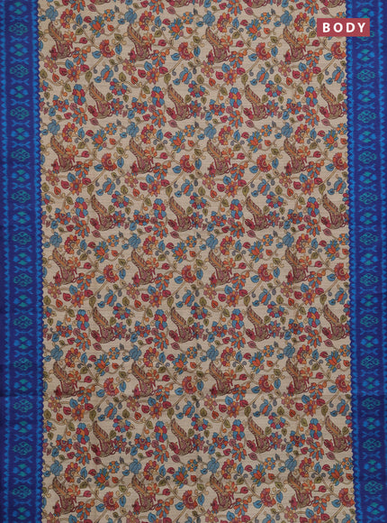 Semi tussar saree beige and navy blue with allover kalamkari prints and patola printed border