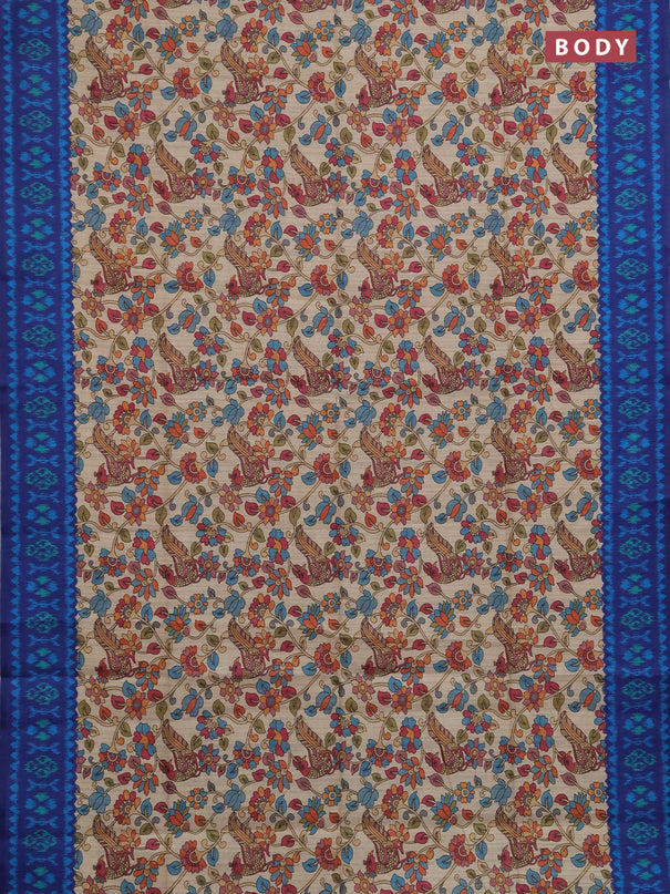 Semi tussar saree beige and navy blue with allover kalamkari prints and patola printed border
