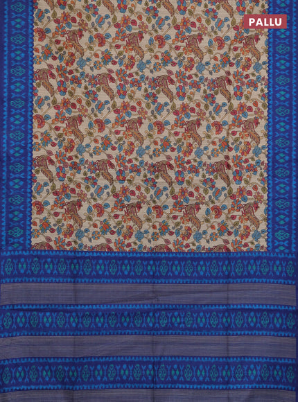 Semi tussar saree beige and navy blue with allover kalamkari prints and patola printed border