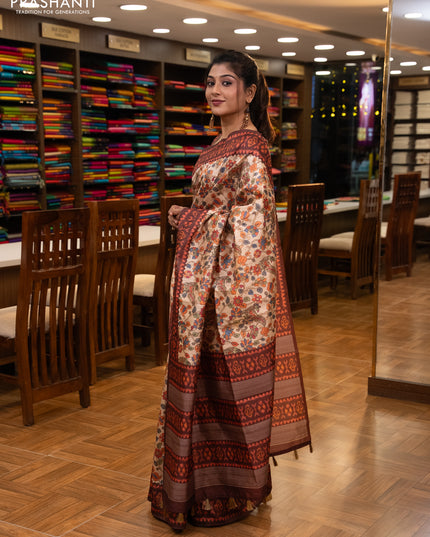 Semi tussar saree beige and coffee brown with allover kalamkari prints and patola printed border