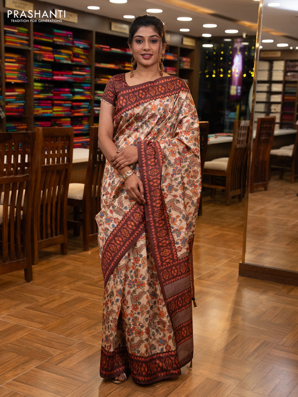 Semi tussar saree beige and coffee brown with allover kalamkari prints and patola printed border