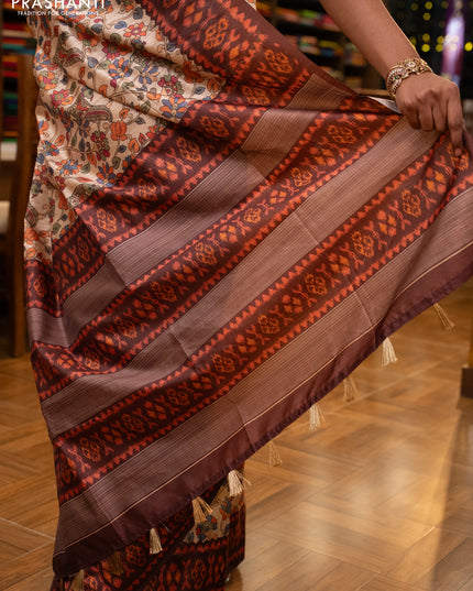 Semi tussar saree beige and coffee brown with allover kalamkari prints and patola printed border