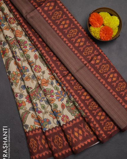 Semi tussar saree beige and coffee brown with allover kalamkari prints and patola printed border