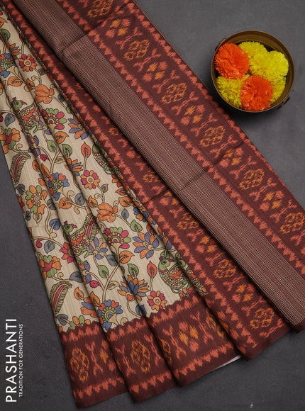 Semi tussar saree beige and coffee brown with allover kalamkari prints and patola printed border