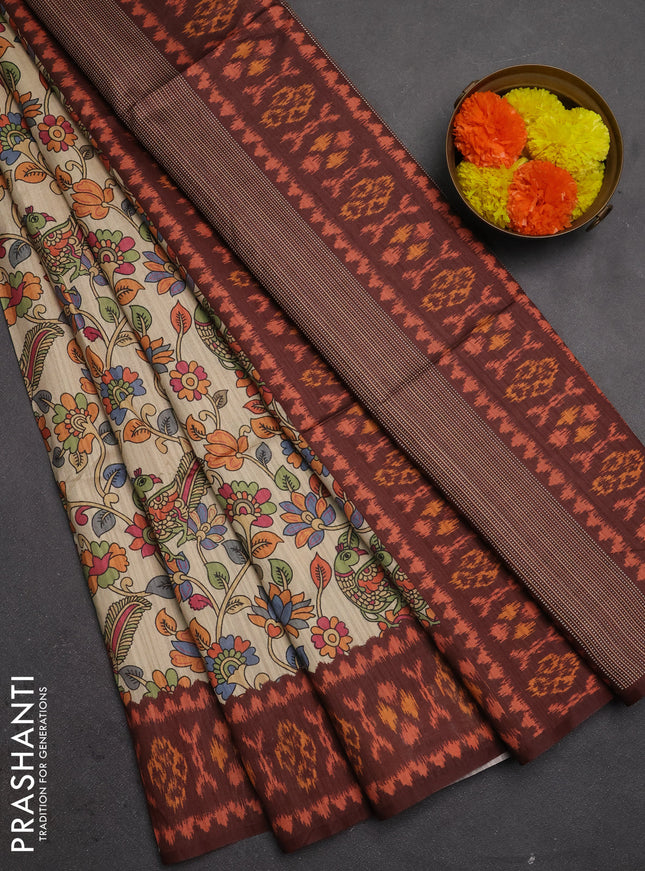 Semi tussar saree beige and coffee brown with allover kalamkari prints and patola printed border