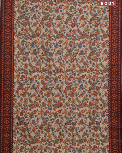 Semi tussar saree beige and coffee brown with allover kalamkari prints and patola printed border