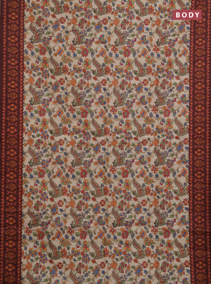 Semi tussar saree beige and coffee brown with allover kalamkari prints and patola printed border