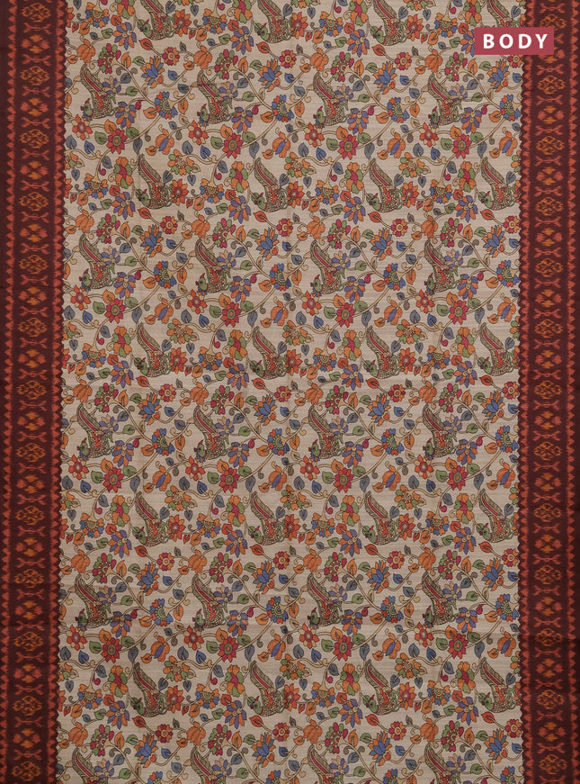 Semi tussar saree beige and coffee brown with allover kalamkari prints and patola printed border