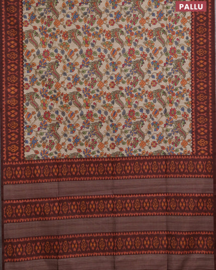 Semi tussar saree beige and coffee brown with allover kalamkari prints and patola printed border