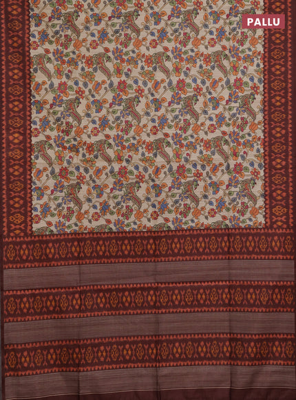 Semi tussar saree beige and coffee brown with allover kalamkari prints and patola printed border