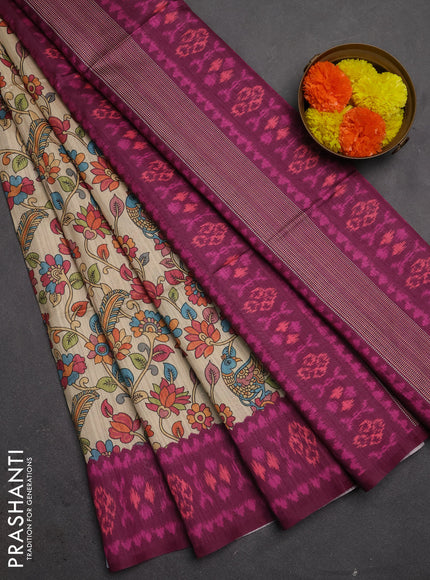 Semi tussar saree beige and magenta pink with allover kalamkari prints and patola printed border