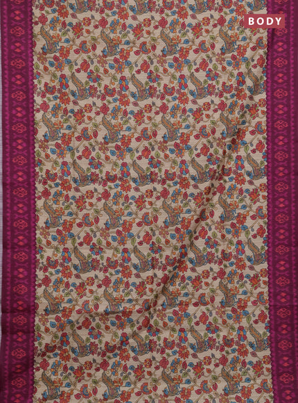 Semi tussar saree beige and magenta pink with allover kalamkari prints and patola printed border