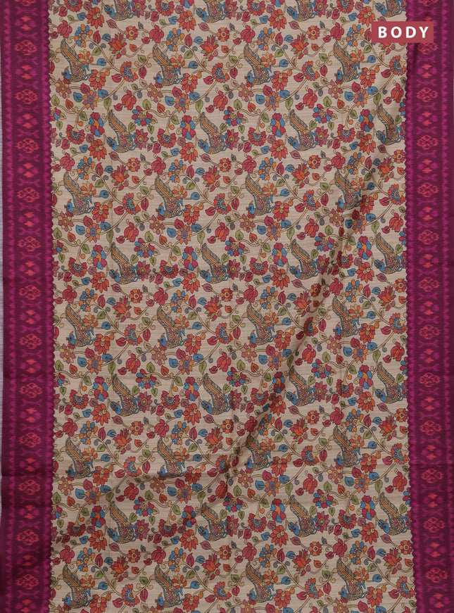 Semi tussar saree beige and magenta pink with allover kalamkari prints and patola printed border