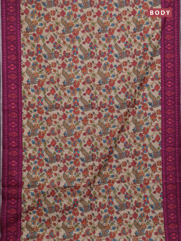 Semi tussar saree beige and magenta pink with allover kalamkari prints and patola printed border