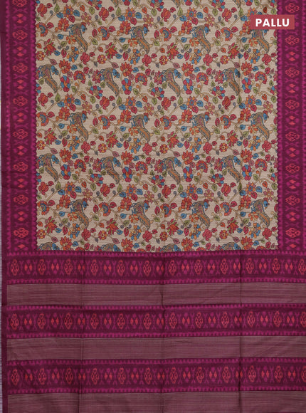 Semi tussar saree beige and magenta pink with allover kalamkari prints and patola printed border