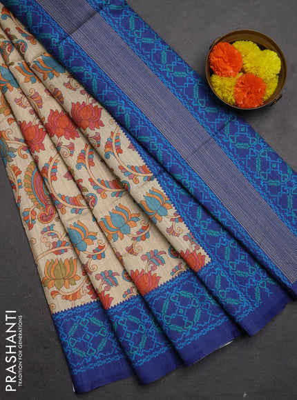 Semi tussar saree beige and navy blue with allover kalamkari prints and patola printed border
