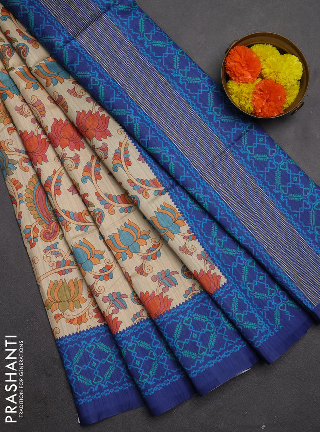 Semi tussar saree beige and navy blue with allover kalamkari prints and patola printed border