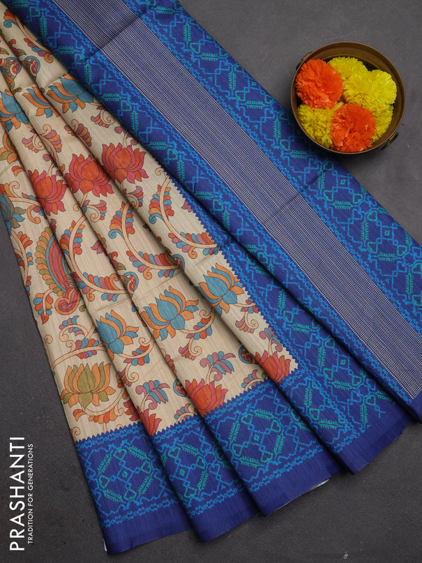 Semi tussar saree beige and navy blue with allover kalamkari prints and patola printed border