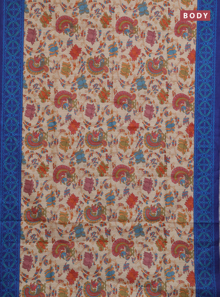 Semi tussar saree beige and navy blue with allover kalamkari prints and patola printed border
