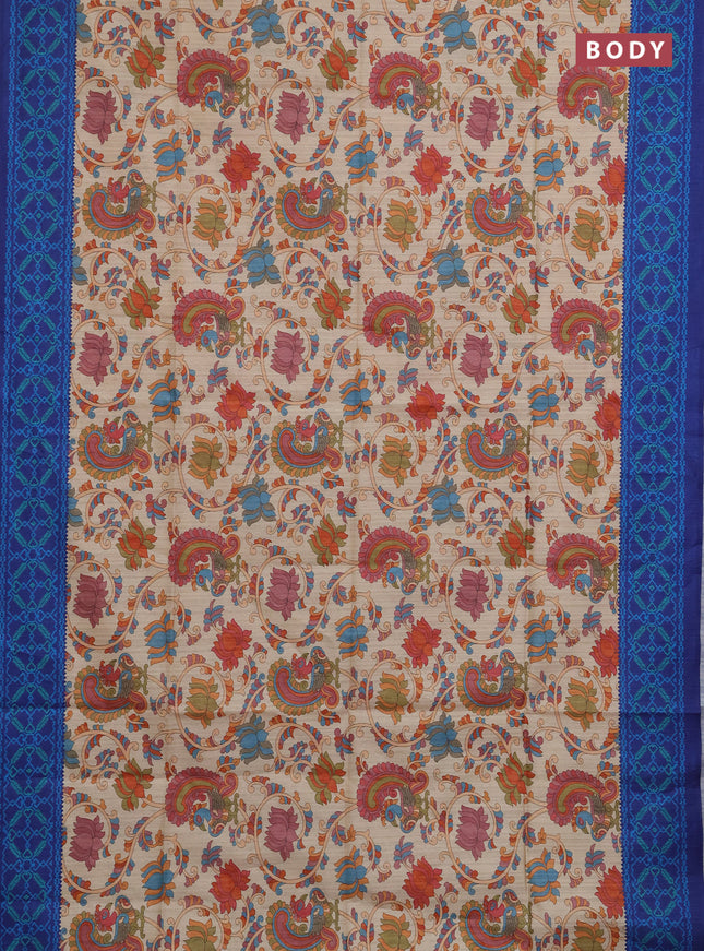 Semi tussar saree beige and navy blue with allover kalamkari prints and patola printed border