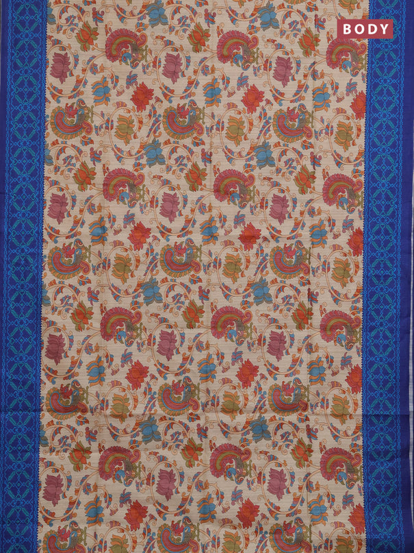 Semi tussar saree beige and navy blue with allover kalamkari prints and patola printed border