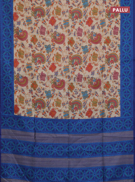 Semi tussar saree beige and navy blue with allover kalamkari prints and patola printed border