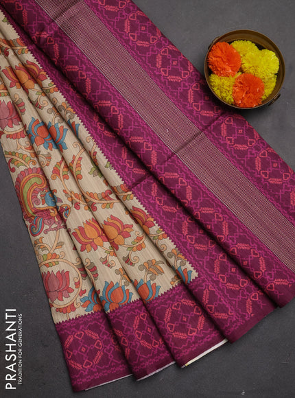 Semi tussar saree beige and magenta pink with allover kalamkari prints and patola printed border