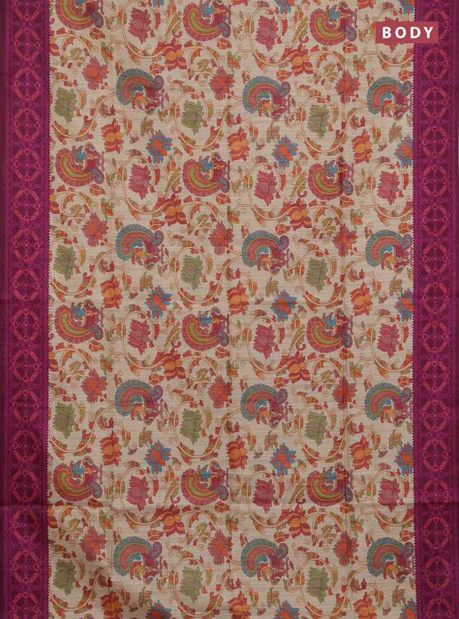 Semi tussar saree beige and magenta pink with allover kalamkari prints and patola printed border