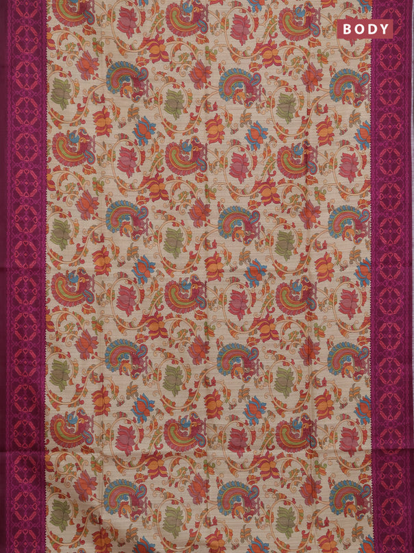 Semi tussar saree beige and magenta pink with allover kalamkari prints and patola printed border