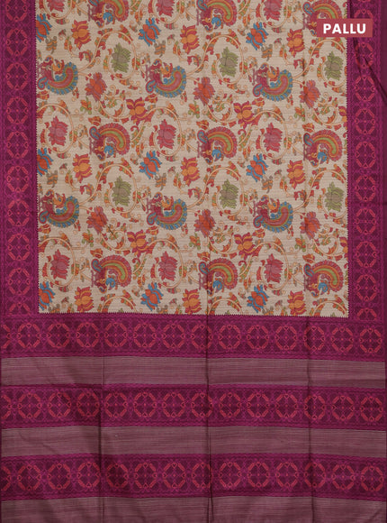 Semi tussar saree beige and magenta pink with allover kalamkari prints and patola printed border
