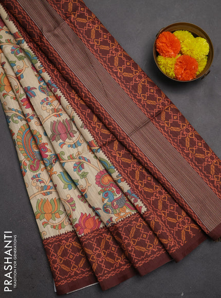 Semi tussar saree beige and coffee borwn with allover kalamkari prints and patola printed border