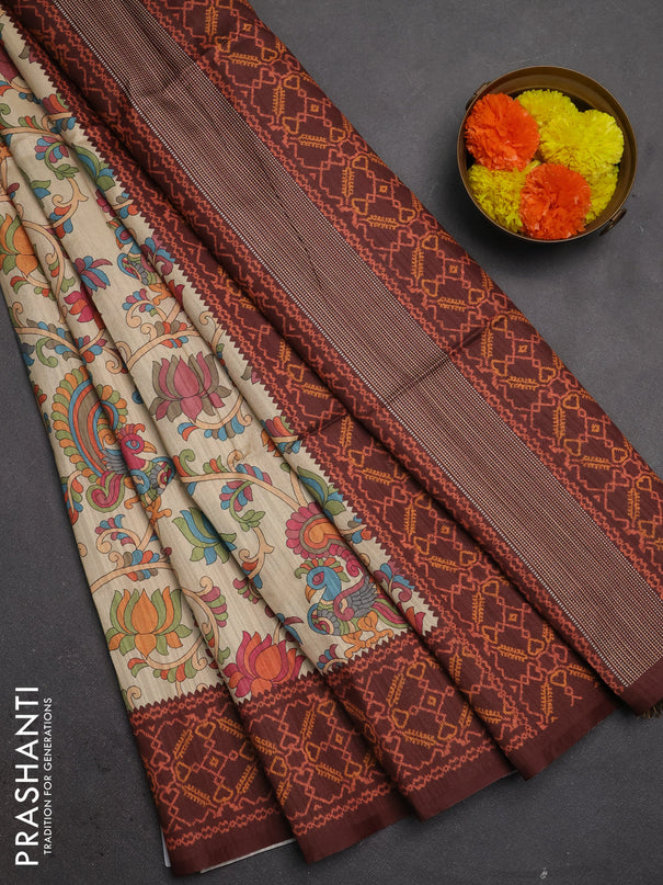 Semi tussar saree beige and coffee borwn with allover kalamkari prints and patola printed border