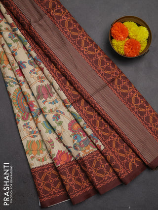 Semi tussar saree beige and coffee borwn with allover kalamkari prints and patola printed border