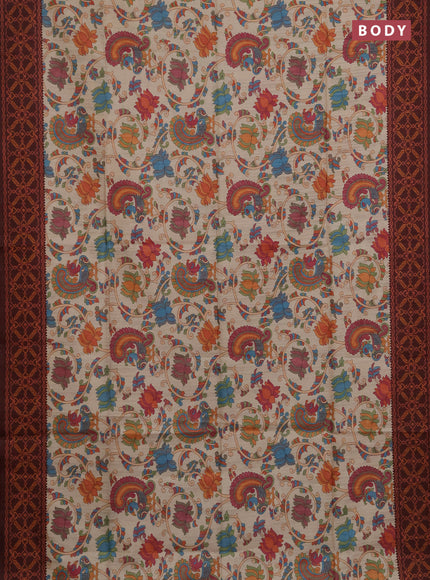 Semi tussar saree beige and coffee borwn with allover kalamkari prints and patola printed border