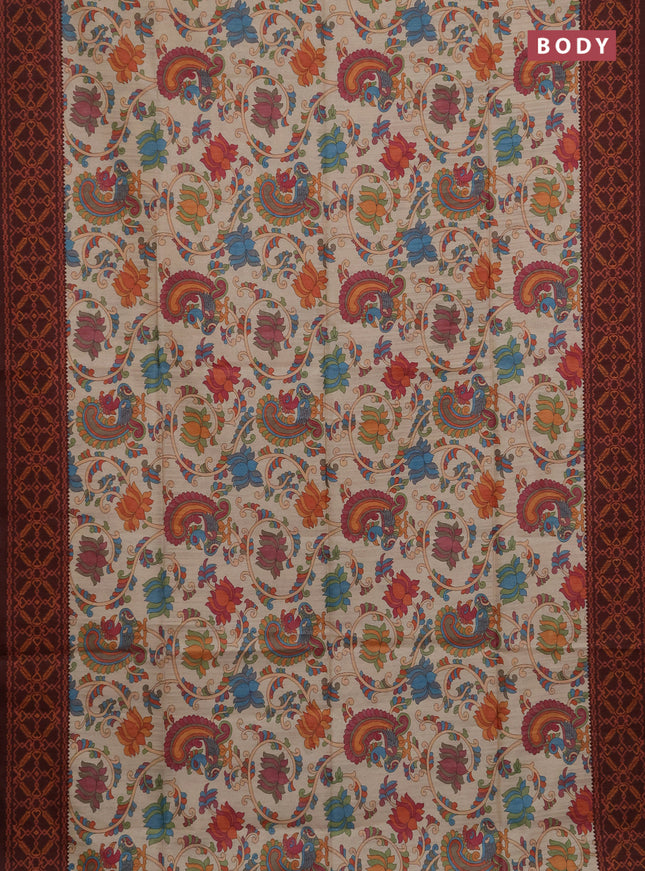 Semi tussar saree beige and coffee borwn with allover kalamkari prints and patola printed border