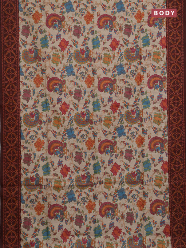 Semi tussar saree beige and coffee borwn with allover kalamkari prints and patola printed border