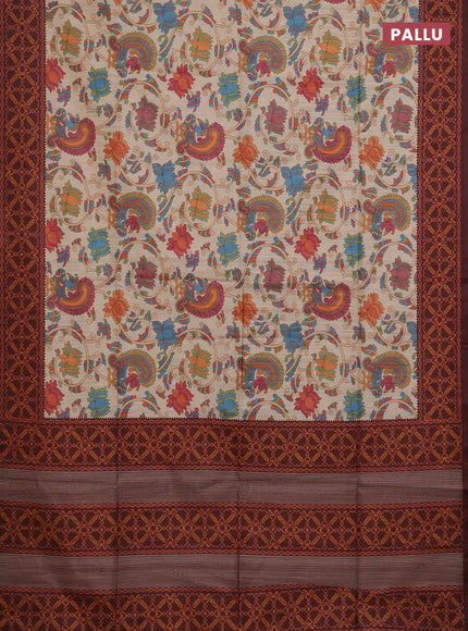 Semi tussar saree beige and coffee borwn with allover kalamkari prints and patola printed border