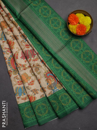Semi tussar saree beige and green with allover kalamkari prints and patola printed border