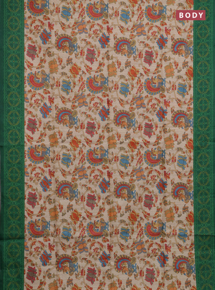 Semi tussar saree beige and green with allover kalamkari prints and patola printed border