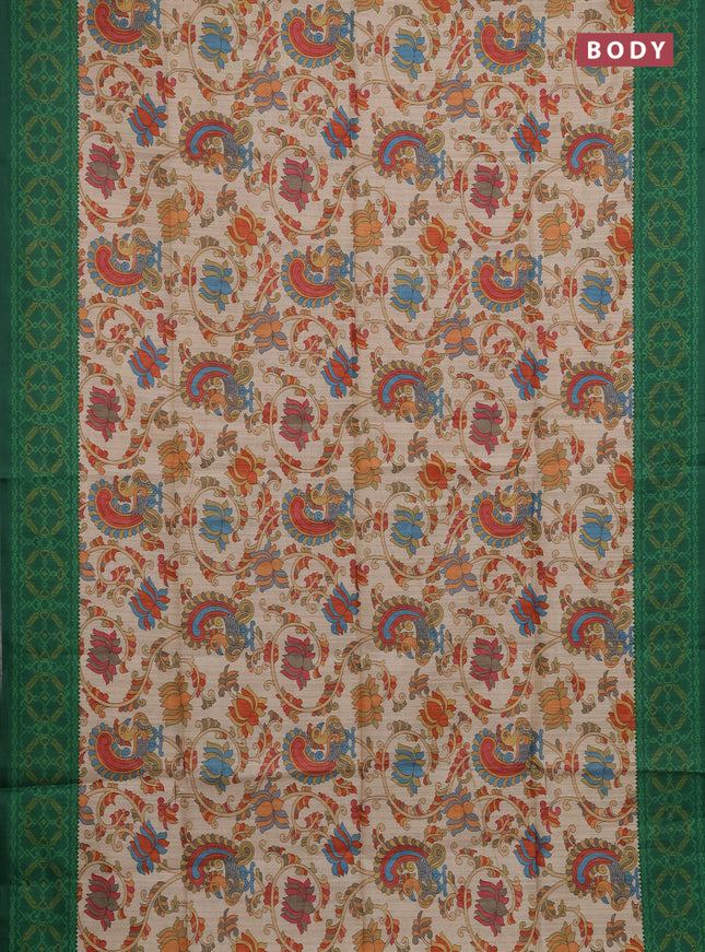 Semi tussar saree beige and green with allover kalamkari prints and patola printed border