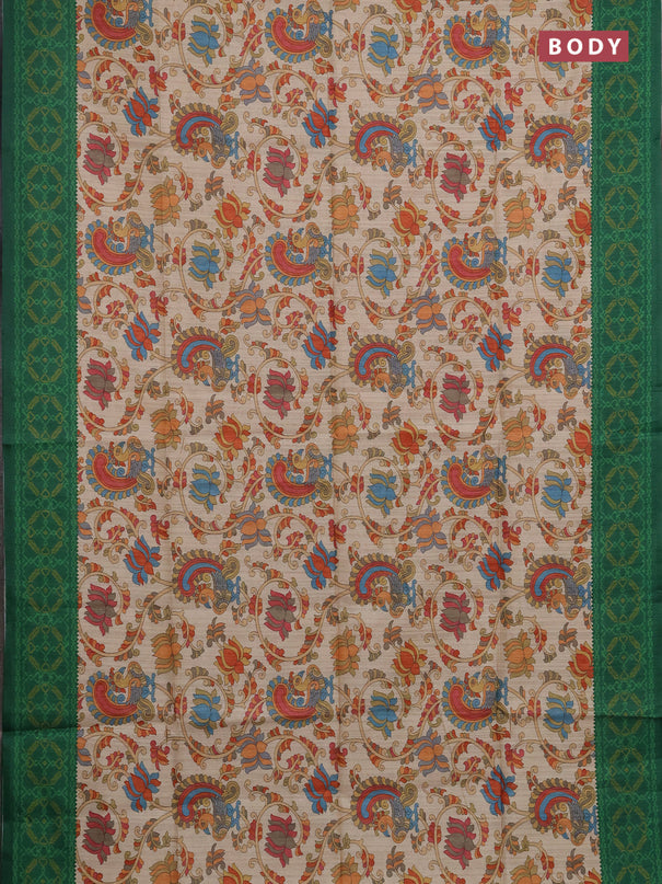 Semi tussar saree beige and green with allover kalamkari prints and patola printed border