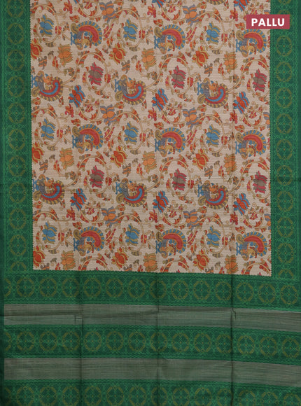 Semi tussar saree beige and green with allover kalamkari prints and patola printed border