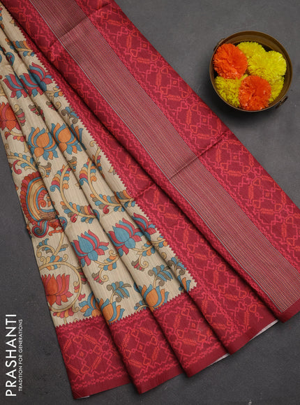 Semi tussar saree beige and maroon with allover kalamkari prints and patola printed border