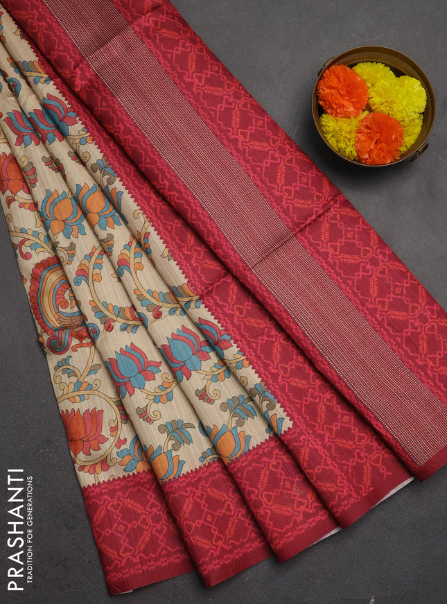 Semi tussar saree beige and maroon with allover kalamkari prints and patola printed border
