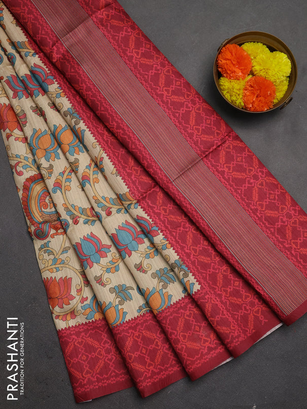 Semi tussar saree beige and maroon with allover kalamkari prints and patola printed border