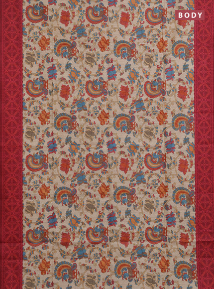 Semi tussar saree beige and maroon with allover kalamkari prints and patola printed border