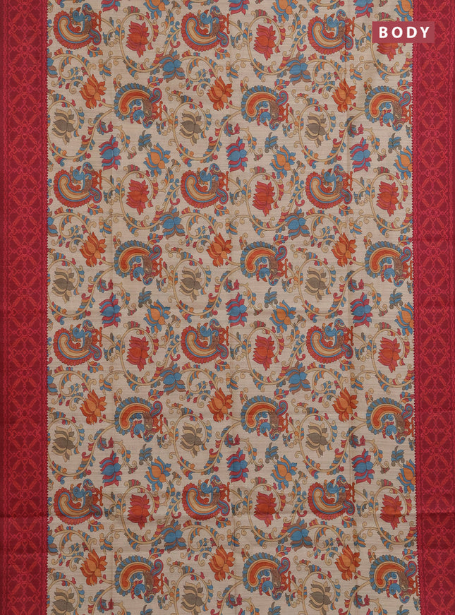 Semi tussar saree beige and maroon with allover kalamkari prints and patola printed border