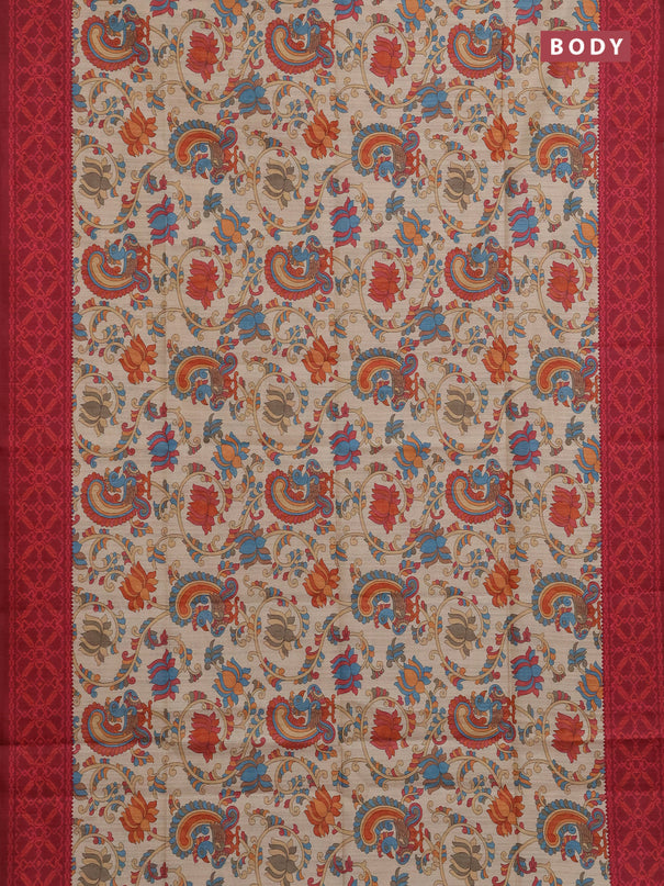 Semi tussar saree beige and maroon with allover kalamkari prints and patola printed border