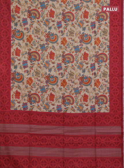 Semi tussar saree beige and maroon with allover kalamkari prints and patola printed border